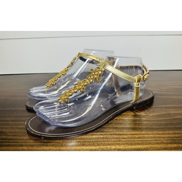 Diane Von Furstenberg Gold Brown Flat‎ Thong Sandals Ankle Strap Women's 8.5 - Picture 1 of 13